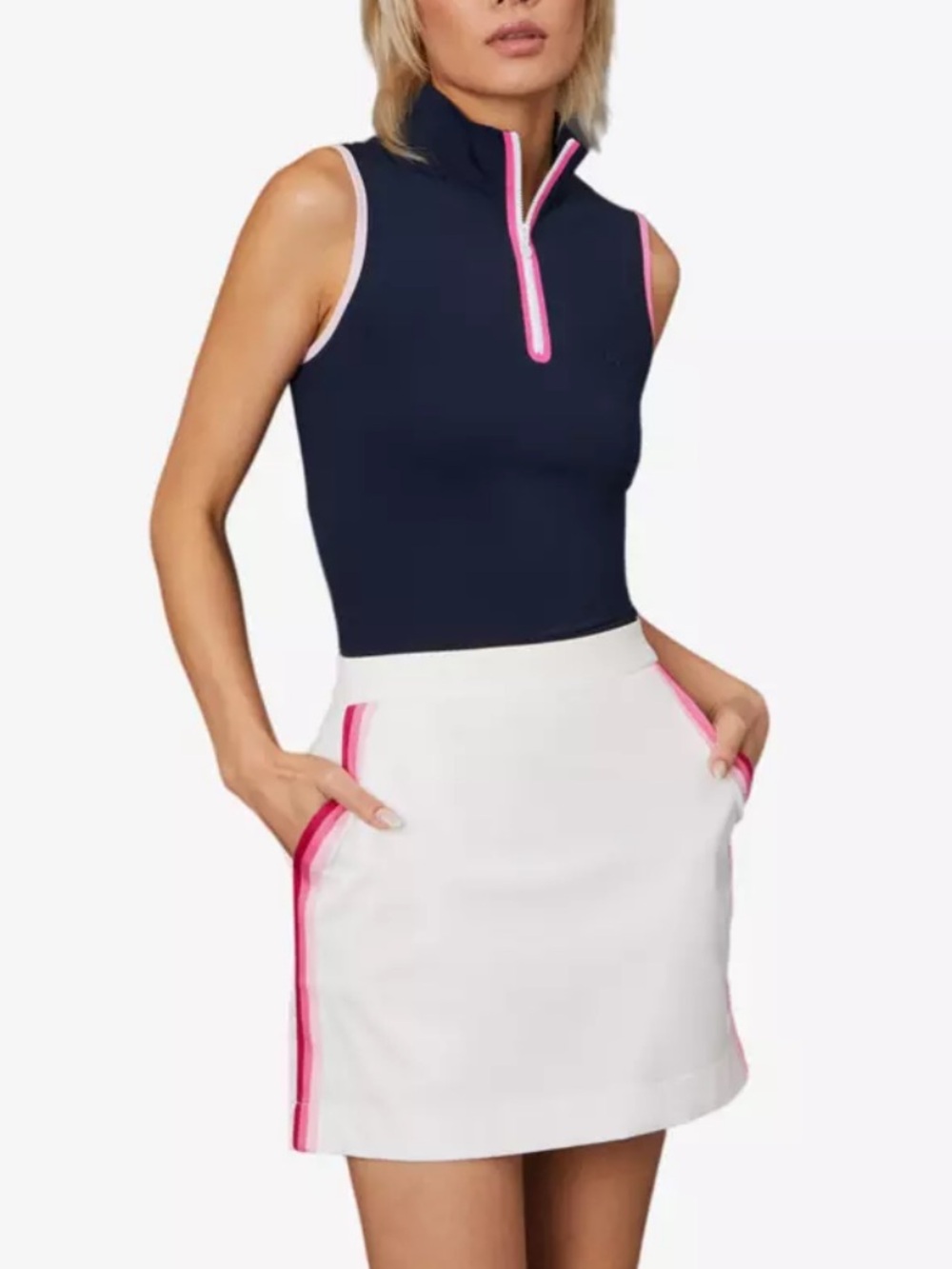 G/Fore Mock Neck Tech Sleeveless Zip Polo Top Size M Navy Pink Women Golf Shirt